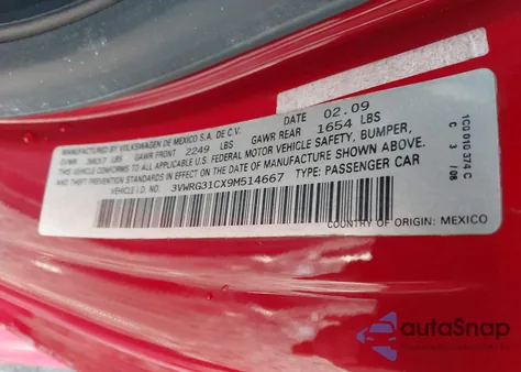 2009 Volkswagen New Beetle 2.5L from USA, damaged, VIN 3VWRG31CX9M514667